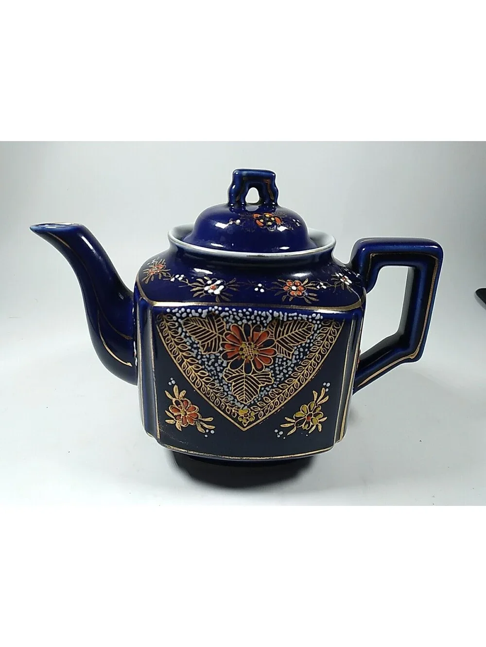 Vintage Cobalt Blue Teapot Tea Pot Flowers Gold Trim TA Made Japan Kitchen Decor